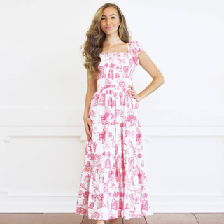 Pink Toile Smocked Flutter Sleeve Dress
