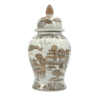 14" Brown & White Landscape Chinoiserie Ginger Jar