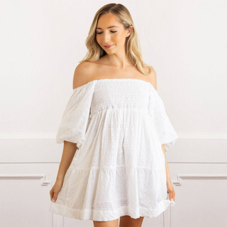 White Eyelet Puff Sleeve Smocked Dress