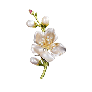 Pearl Peach Blossom Flower Branch Pin Brooch