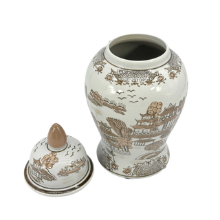 14" Brown & White Landscape Chinoiserie Ginger Jar