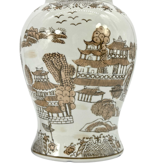 14" Brown & White Landscape Chinoiserie Ginger Jar