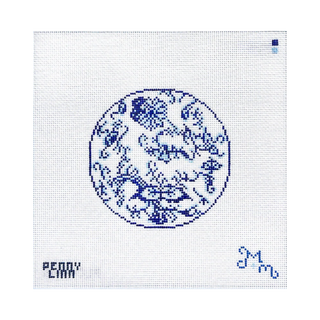 Blue and White Floral Round Needlepoint Canvas